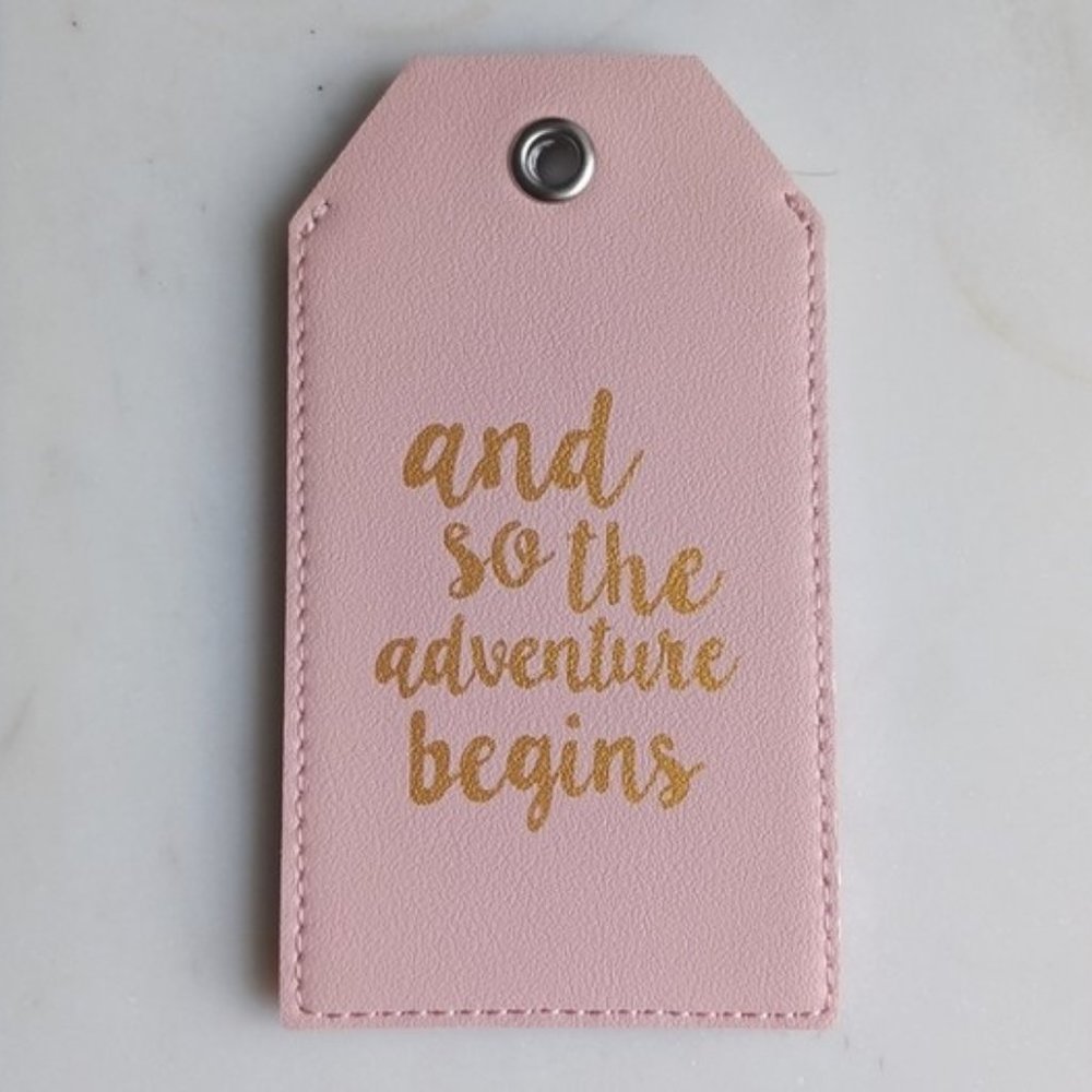 Pink and metallic gold tone Luggage Tag with Privacy Cover and steel loops